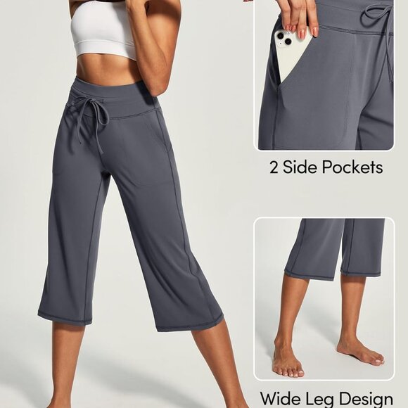 Dark Gray Loose Fit Wide Leg Capri Pants for Women with Pockets, Yoga & Casual W - Picture 4 of 6